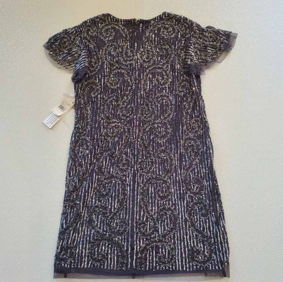 Aidan Mattox Short Sleeve Swirl Beaded Dress Gunmetal - Picture 4 of 7